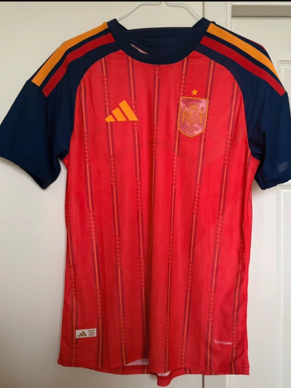 adidas Kids Red Soccer Jersey with Navy Sleeves and Gold Accents